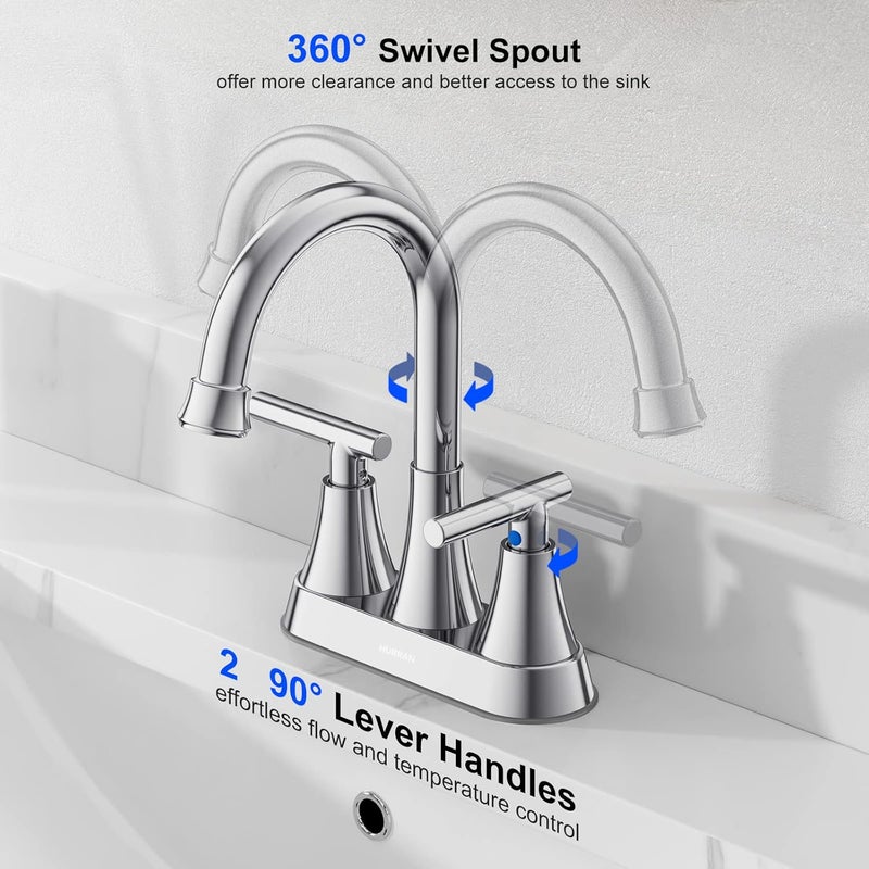 Hurran Bathroom Faucets for Sink 3 Hole, 4 inch Chrome Bathroom Sink Faucet with Pop-up Drain and Supply Hoses, Stainless Steel Lead-Free 2-Handle Centerset Utility Faucet for Sink Vanity RV - Image 3